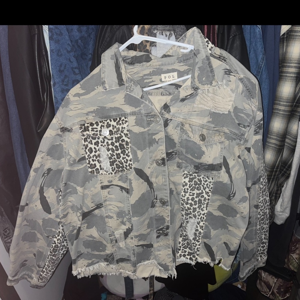 POL camo and leopard denim distressed jacket nwot